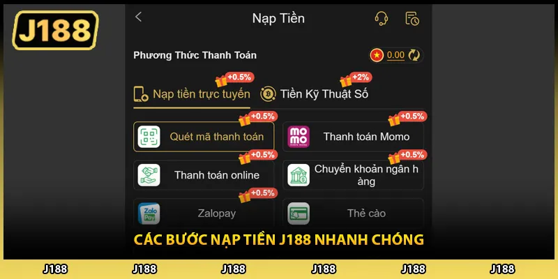 Các bước nạp tiền J188 nhanh chóng